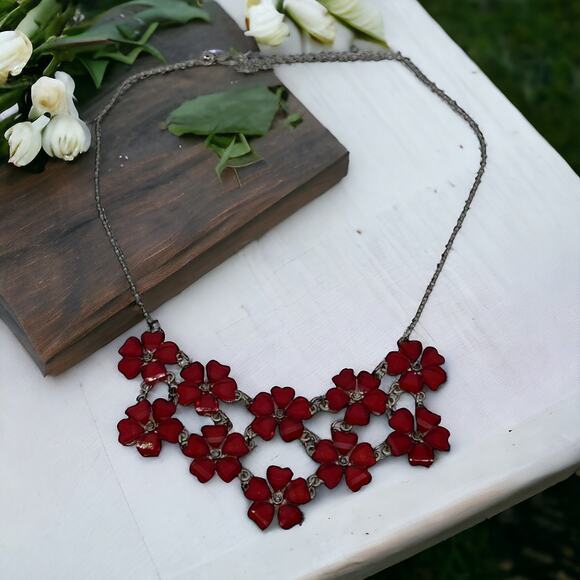 Red Crystal Flower Statement Necklace Bib Collar Chainlink Fashion Jewelry 34" - Picture 6 of 8